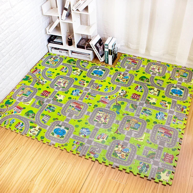 Tapis voiture enfant avec routes - Dalles de Moquette ludique pour jeu éducatif - 9 pièces