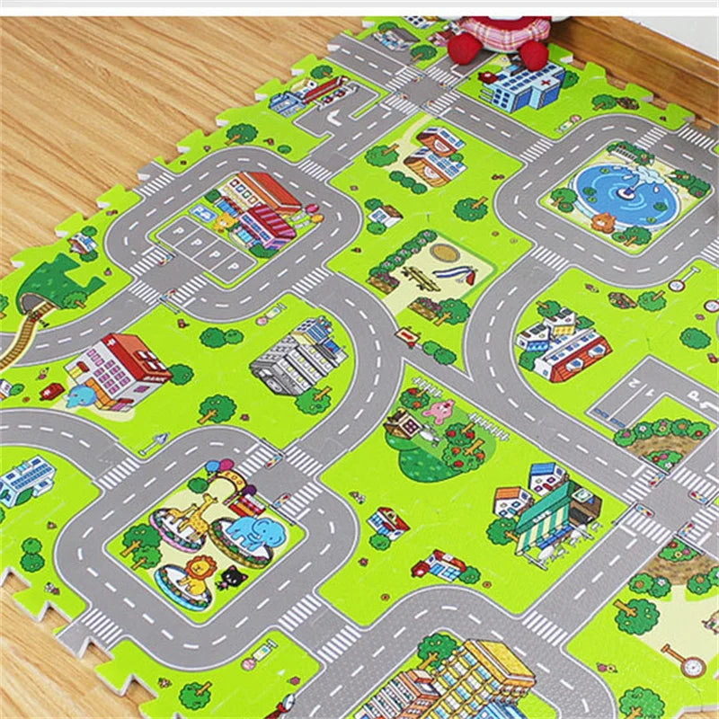 Tapis voiture enfant avec routes - Dalles de Moquette ludique pour jeu éducatif - 9 pièces