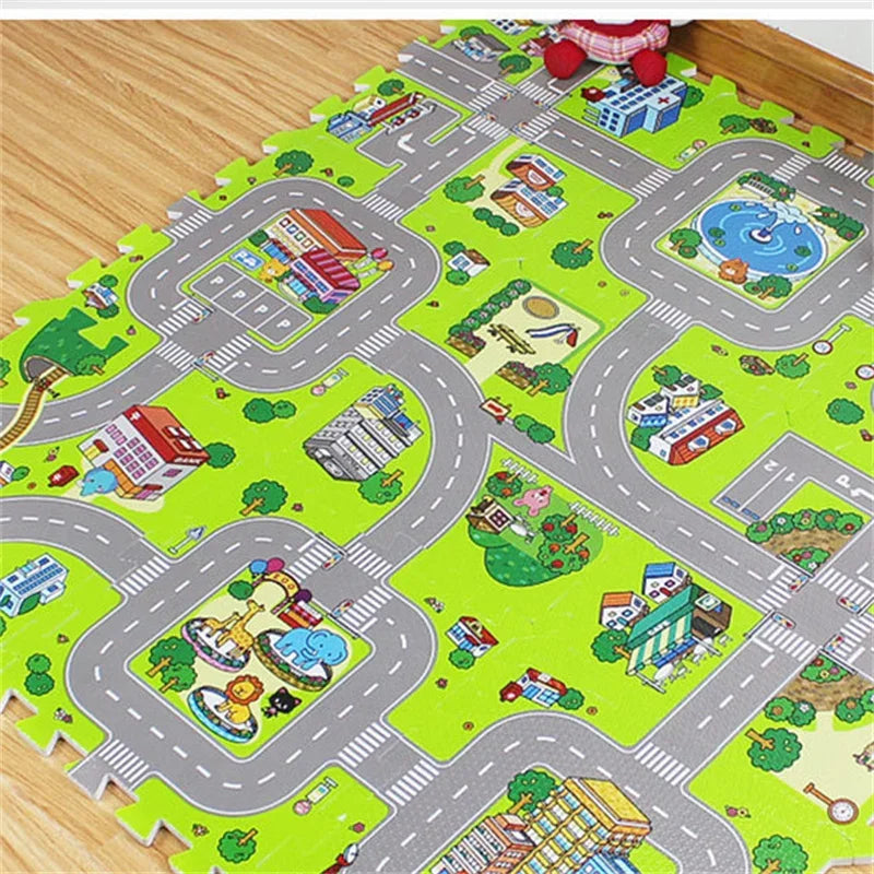 Tapis voiture enfant avec routes - Dalles de Moquette ludique pour jeu éducatif - 9 pièces