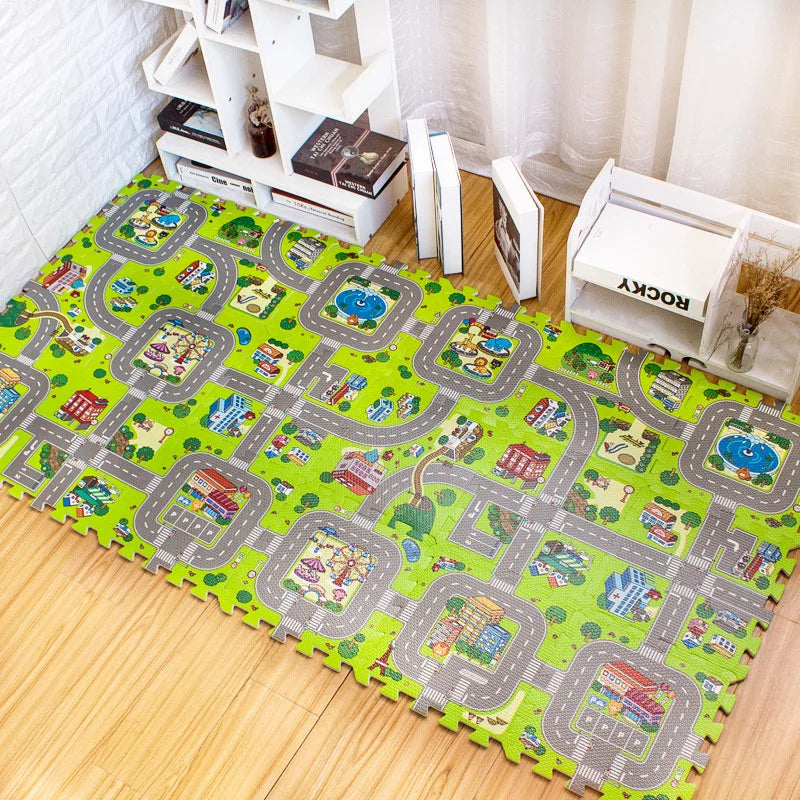 Tapis voiture enfant avec routes - Dalles de Moquette ludique pour jeu éducatif - 9 pièces