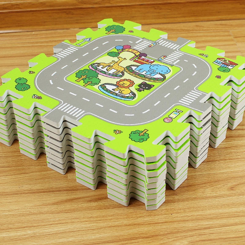Tapis voiture enfant avec routes - Dalles de Moquette ludique pour jeu éducatif - 9 pièces