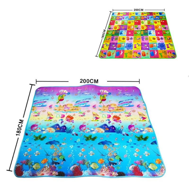 Tapis d'éveil XXL réversible avec motifs éducatifs et aquatiques, 180x200 cm.